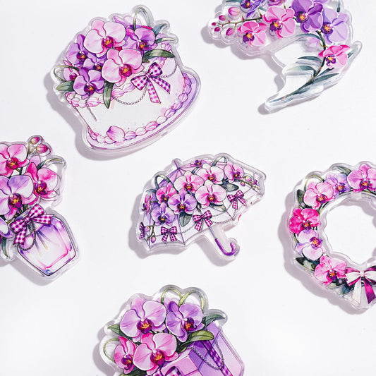 Cake & Umbrella & Vase & Gift Box & Flower Acrylic Beads, Purple Phalaenopsis Orchid Plant Theme, Random Mix