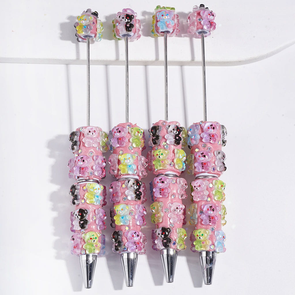 Beadable Clay Pens with Multi-Color Transparent Horror Bear and AB Rhinestones on Pink Background