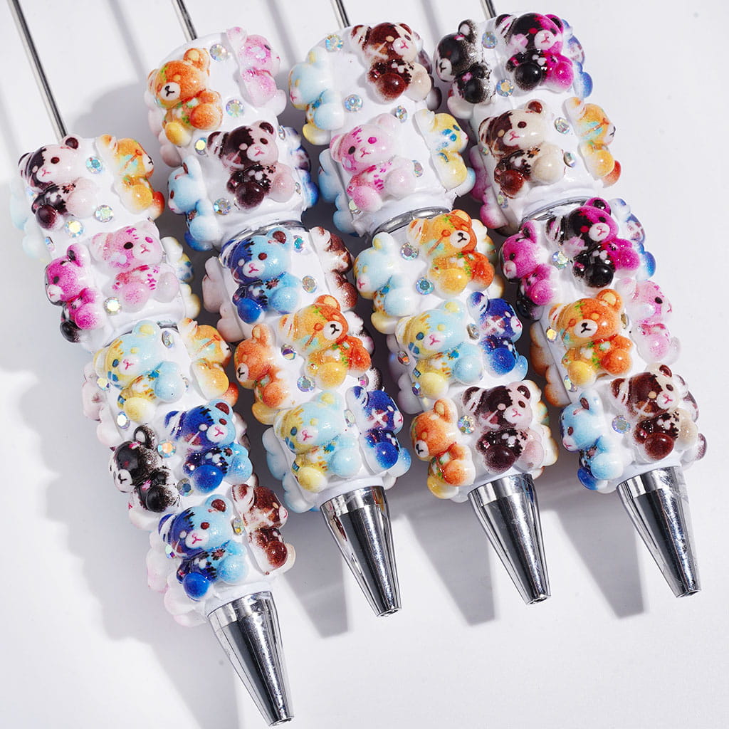 Beadable Clay Pens with Multi-Color Horror Bear and AB Rhinestones on White Background