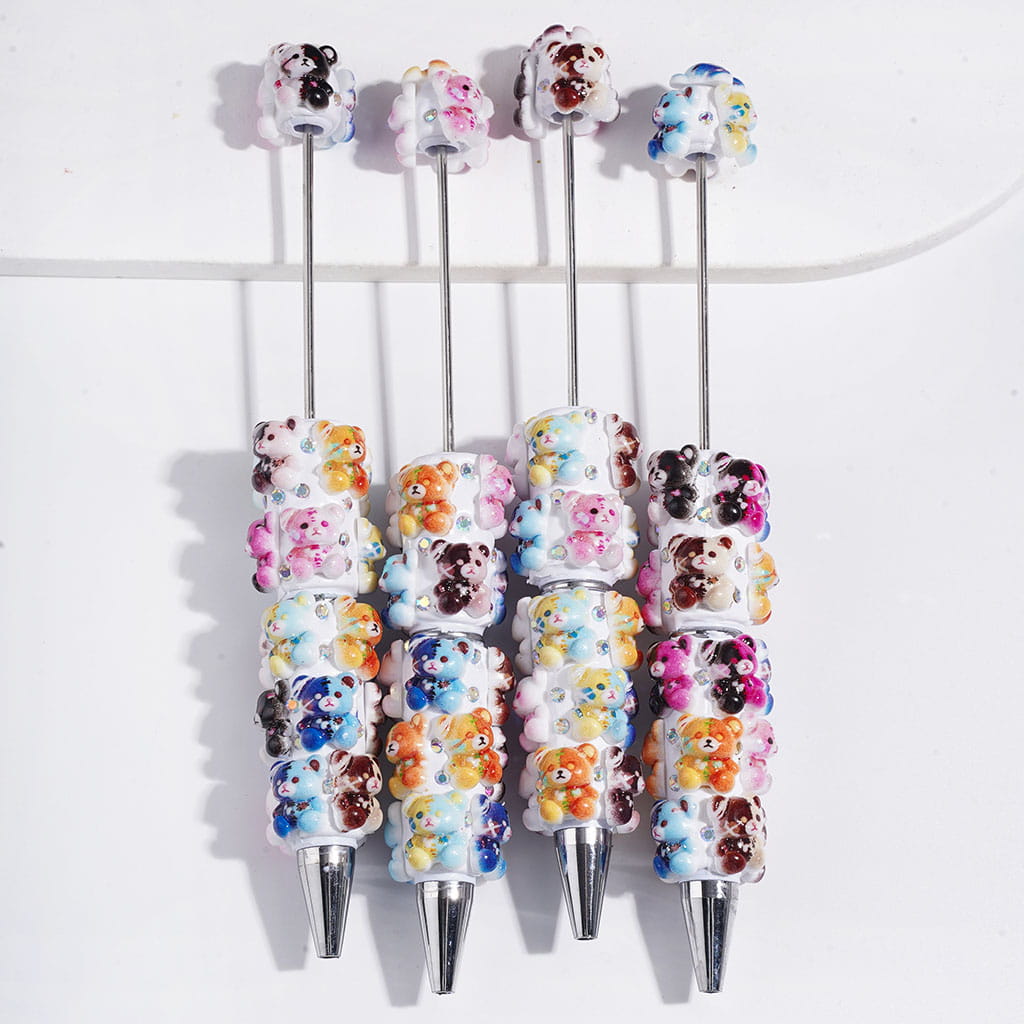 Beadable Clay Pens with Multi-Color Horror Bear and AB Rhinestones on White Background