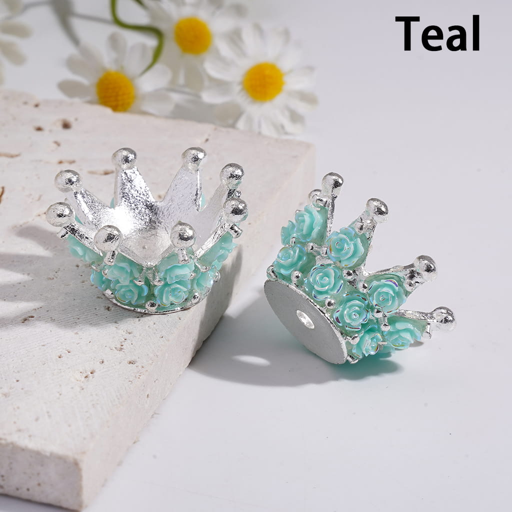 Silver Color Metal Beads Crown with Luminous UV Coating Rose Flowers, 17*31MM, Multi-Color