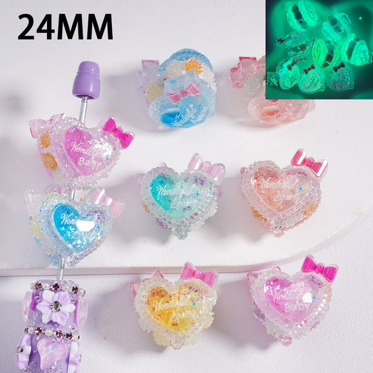Acrylic Beads Luminous Heart Shiny Flakes Inside Mini Flowers Multi-Color 24MM, Random Mix