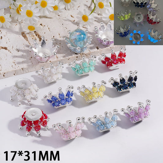 Silver Color Metal Beads Crown with Luminous UV Coating Rose Flowers, 17*31MM, Multi-Color