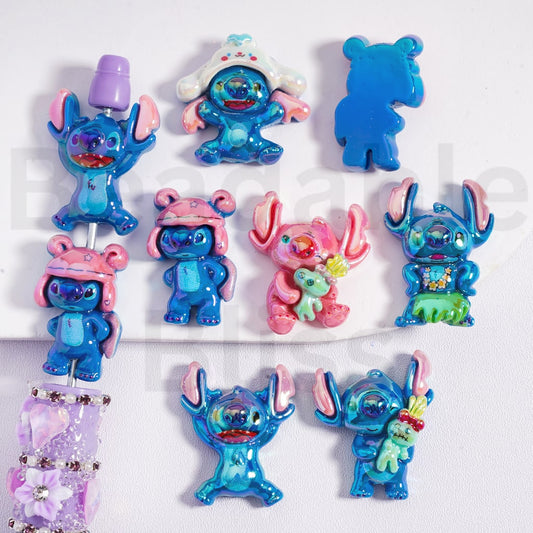Acrylic Beads UV Coating Cute Blue & Pink Stitc Disne, Random Mix