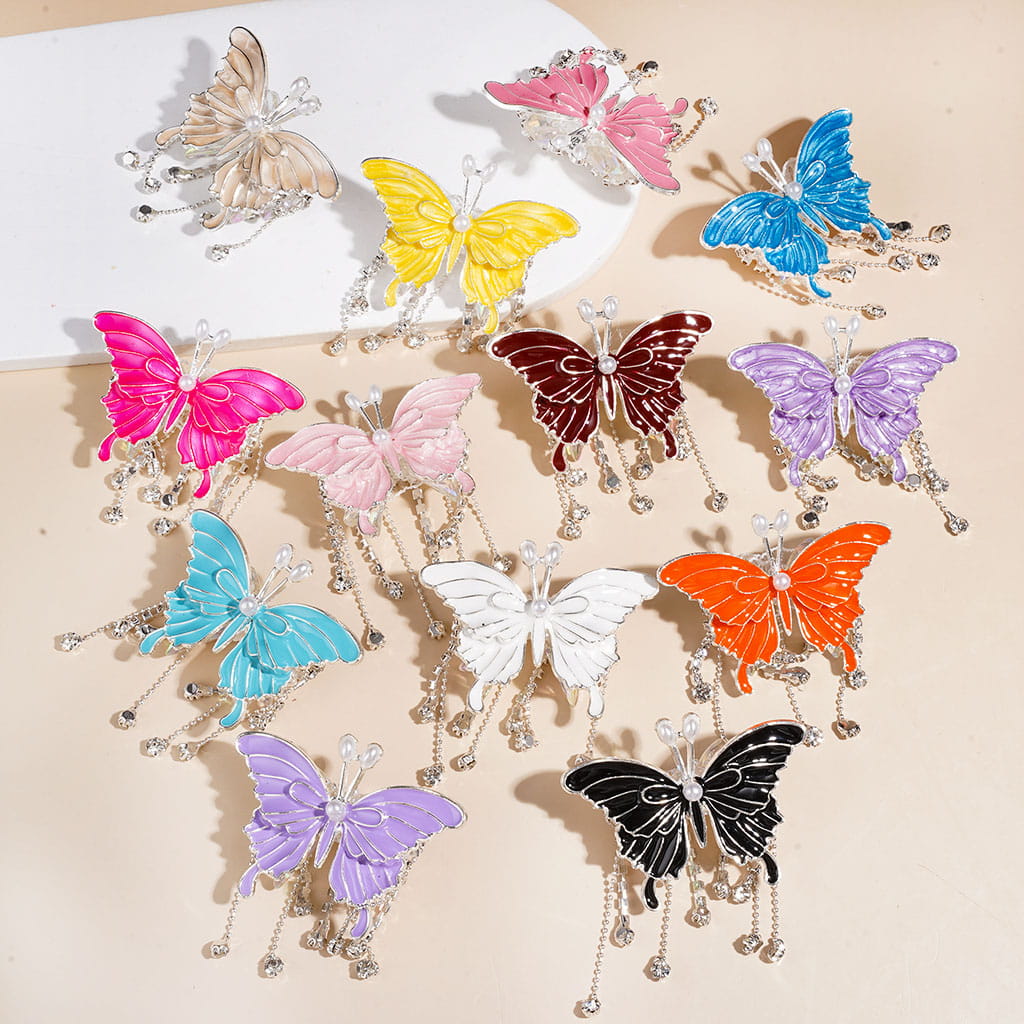 Dazzling Acrylic Bowtie Beads w Exquisite Alloy Butterfly & White Pearls, w Clear Rhinestone Chains Tassels & White Fabric, Fluorescence Color, Jewelry Accessories