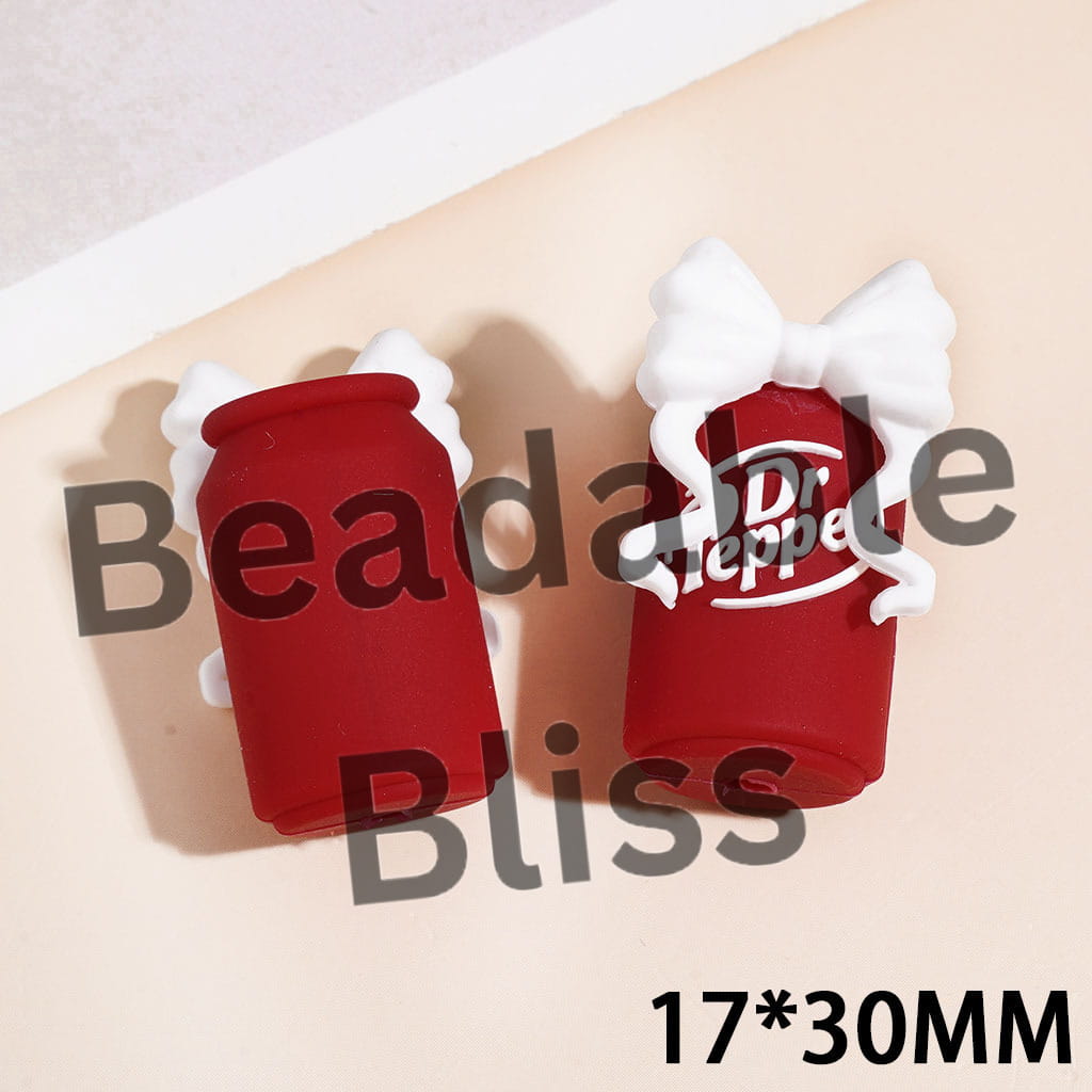 3D Red Soda Drinking Can with Bowknot Silicone Focal Beads, 17*30MM Multi Colors