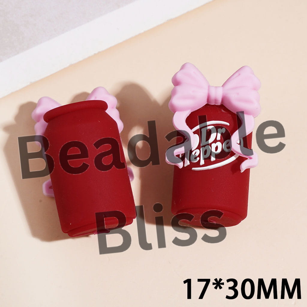 3D Red Soda Drinking Can with Bowknot Silicone Focal Beads, 17*30MM Multi Colors