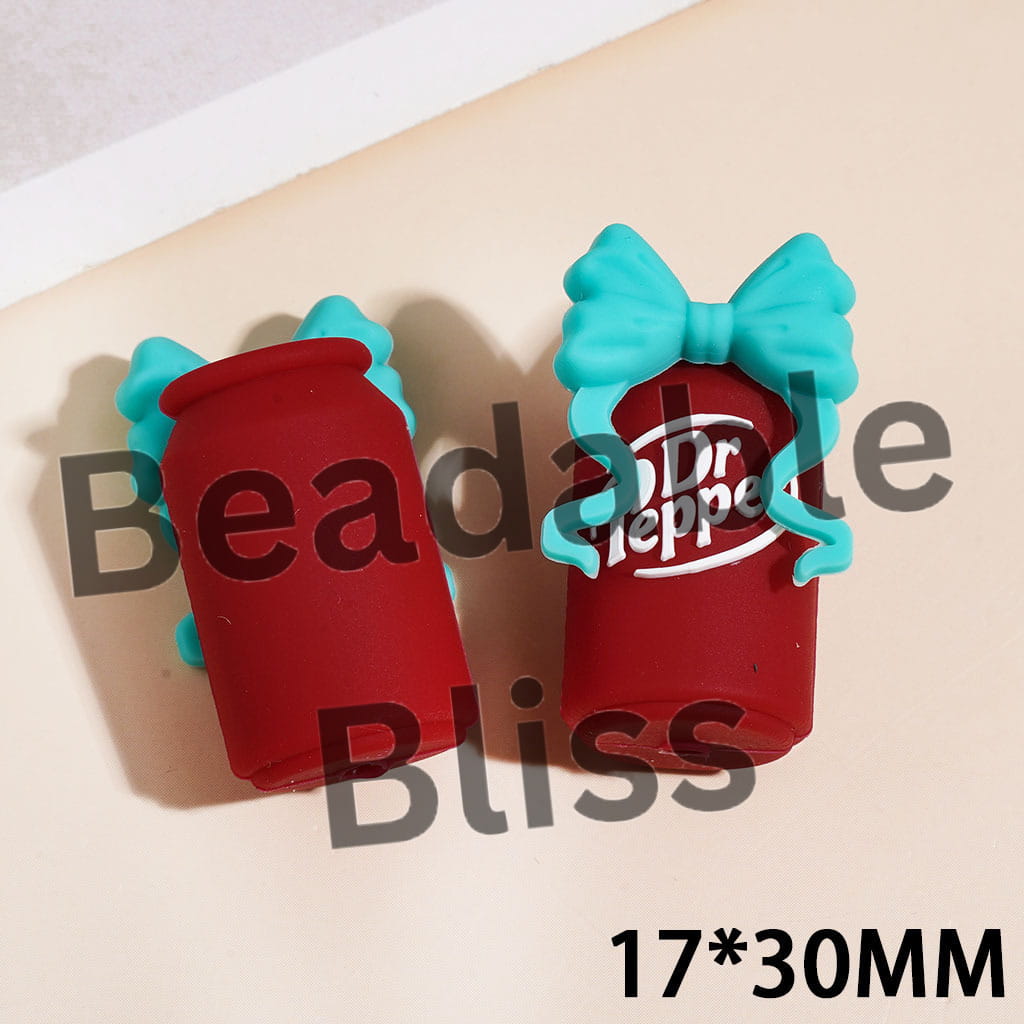 3D Red Soda Drinking Can with Bowknot Silicone Focal Beads, 17*30MM Multi Colors