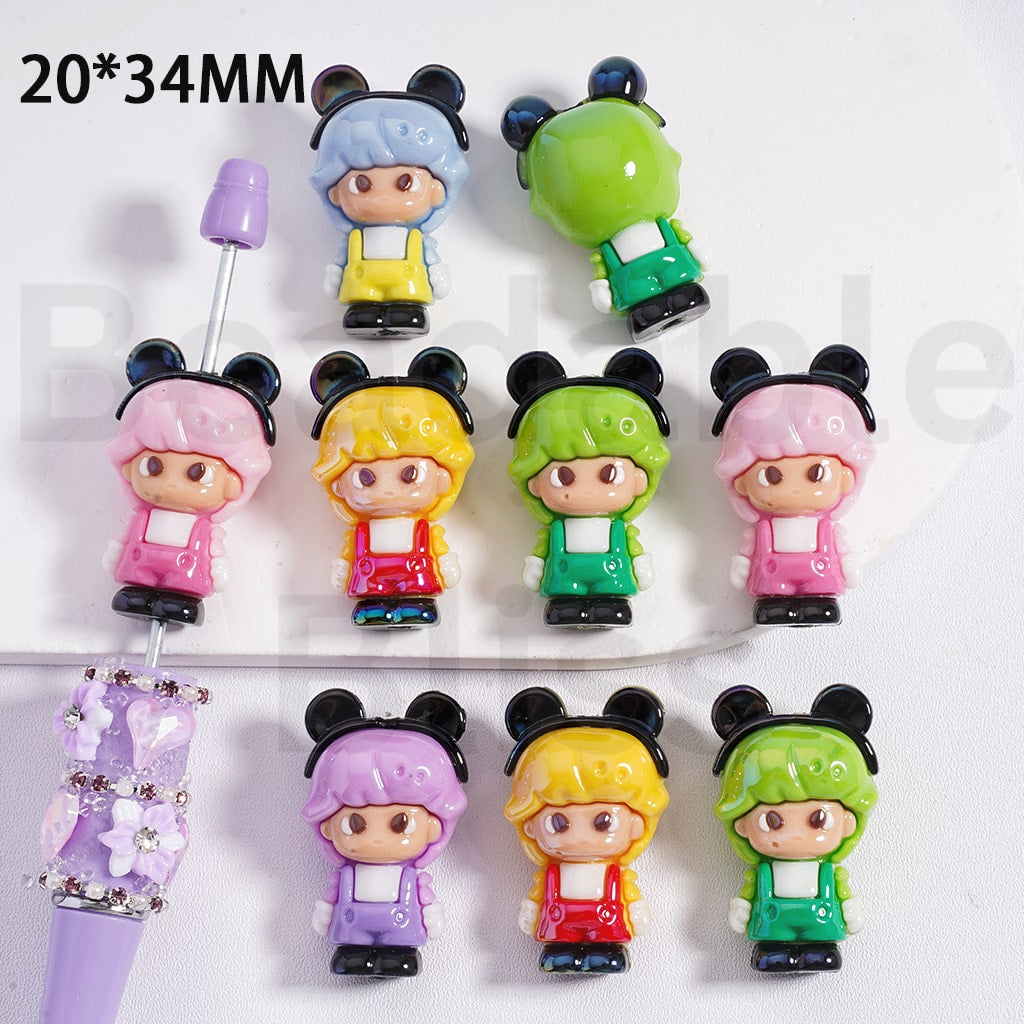 Set of colorful character figurines with various outfits on a white background


