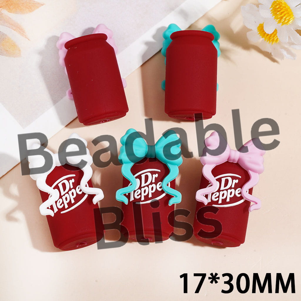 3D Red Soda Drinking Can with Bowknot Silicone Focal Beads, 17*30MM Multi Colors