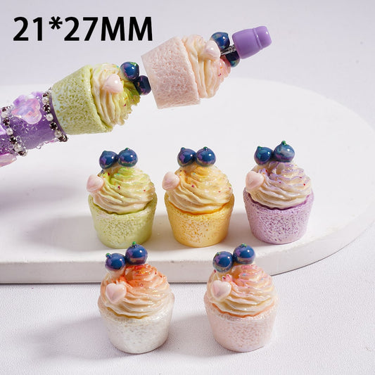Acrylic Beads UV Coating Cute Blue Berry Cake Cup Multi-Color 21*27MM, Random Mix