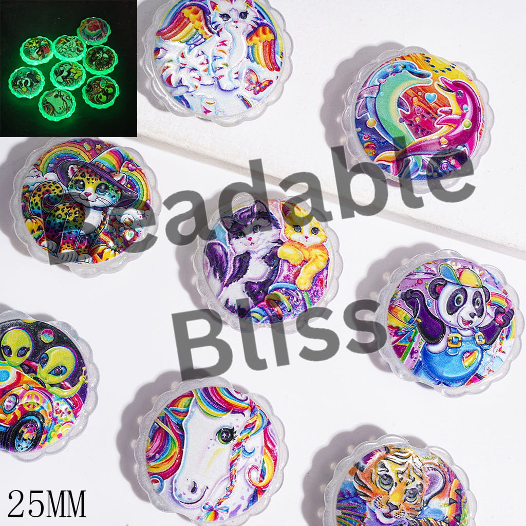 Acrylic Beads Luminous & Cat Eye Style with Brightly Colored Animal Prints, 25MM, Flat Round Shape with Wavy Edge, Random Mix