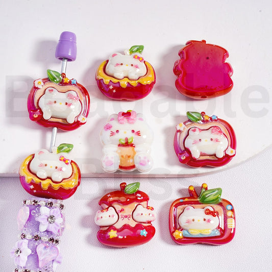 Acrylic Beads UV Coating Cute Hello Kitt Cat & Red Apples, Random Mix