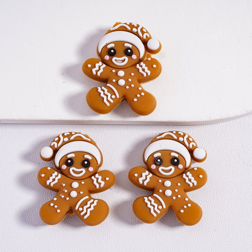 Silicone Focal Beads Cute Ginger Bread with Christmas Hat
