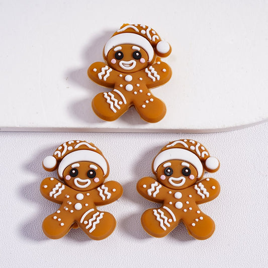 Silicone Focal Beads Cute Ginger Bread with Christmas Hat