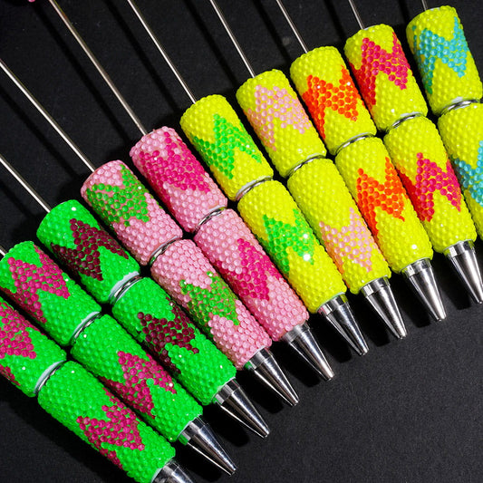 Beadable Clay Pens w Fluorescent Colors Rhinestones in Horizontal Wavy Shape, Multi-Color Random Mix