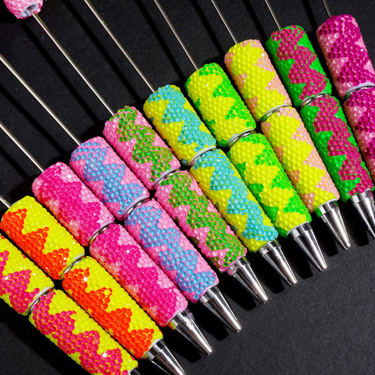 Beadable Clay Pens w Fluorescent Colors Rhinestones in Vertical Wavy Shape, Various Colors Random Mix