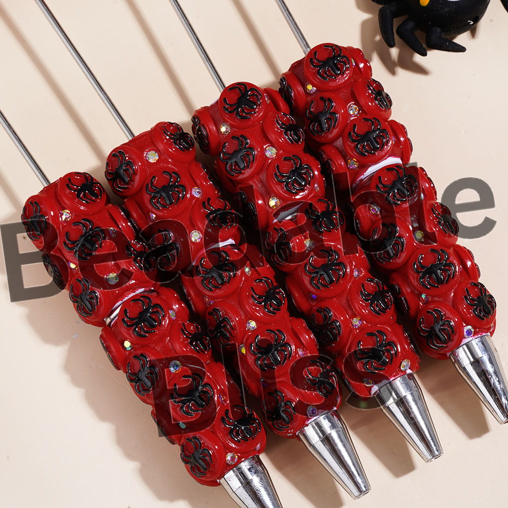 Beadable Clay Pens with Black Spider on Flat Round, AB Rhinestones