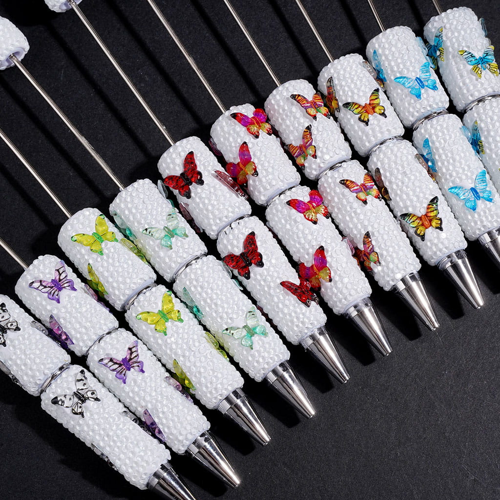 Beadable Clay Pen with Butterfly Series and Clear Rhinestones on White Background, Random Mix