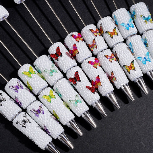 Beadable Clay Pen with Butterfly Series and Clear Rhinestones on White Background, Random Mix