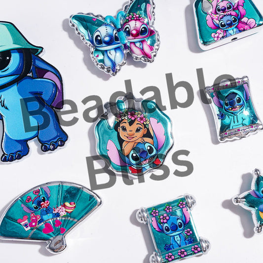 Acrylic Beads and Pendants Blue Monster Character Series, Silver Edge Style, Random Mix