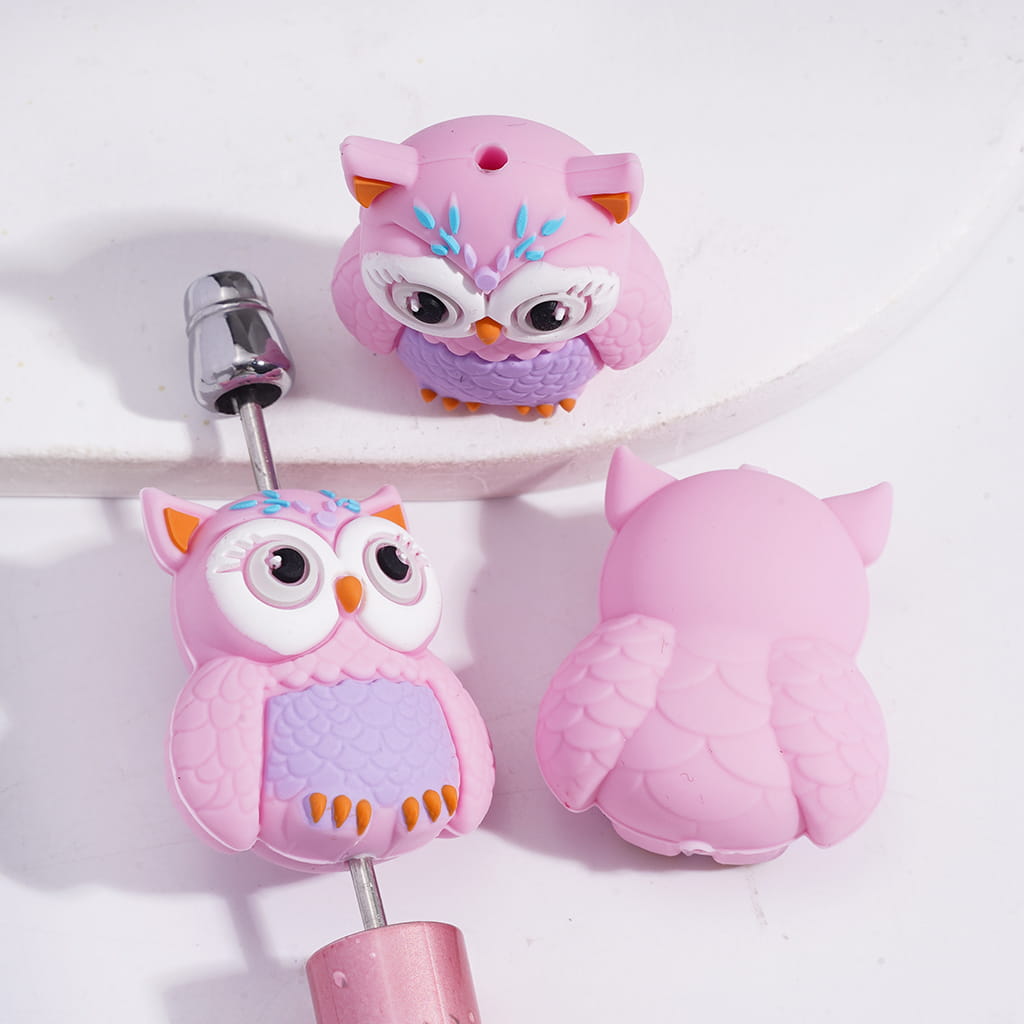 Silicone Focal Beads 3D Cute Big-Eye Owl, Pink and Brown