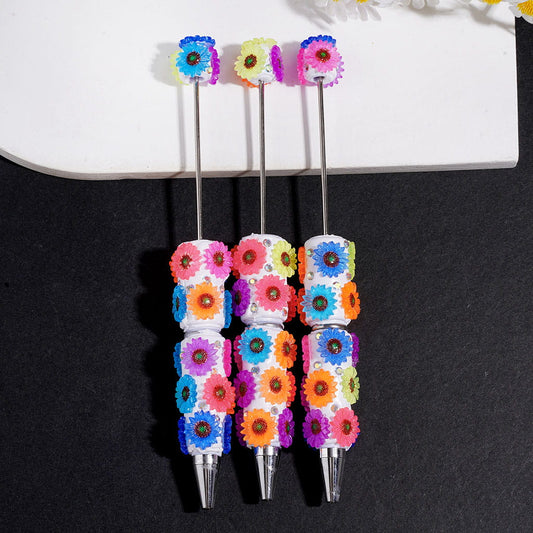 Beadable Clay Pens with Bright Colored Daisy Flowers and AB Rhinestones