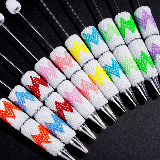 Beadable Clay Pens White Background w Rhinestones in Horizontal Wavy Shape, Various Colors Random Mix