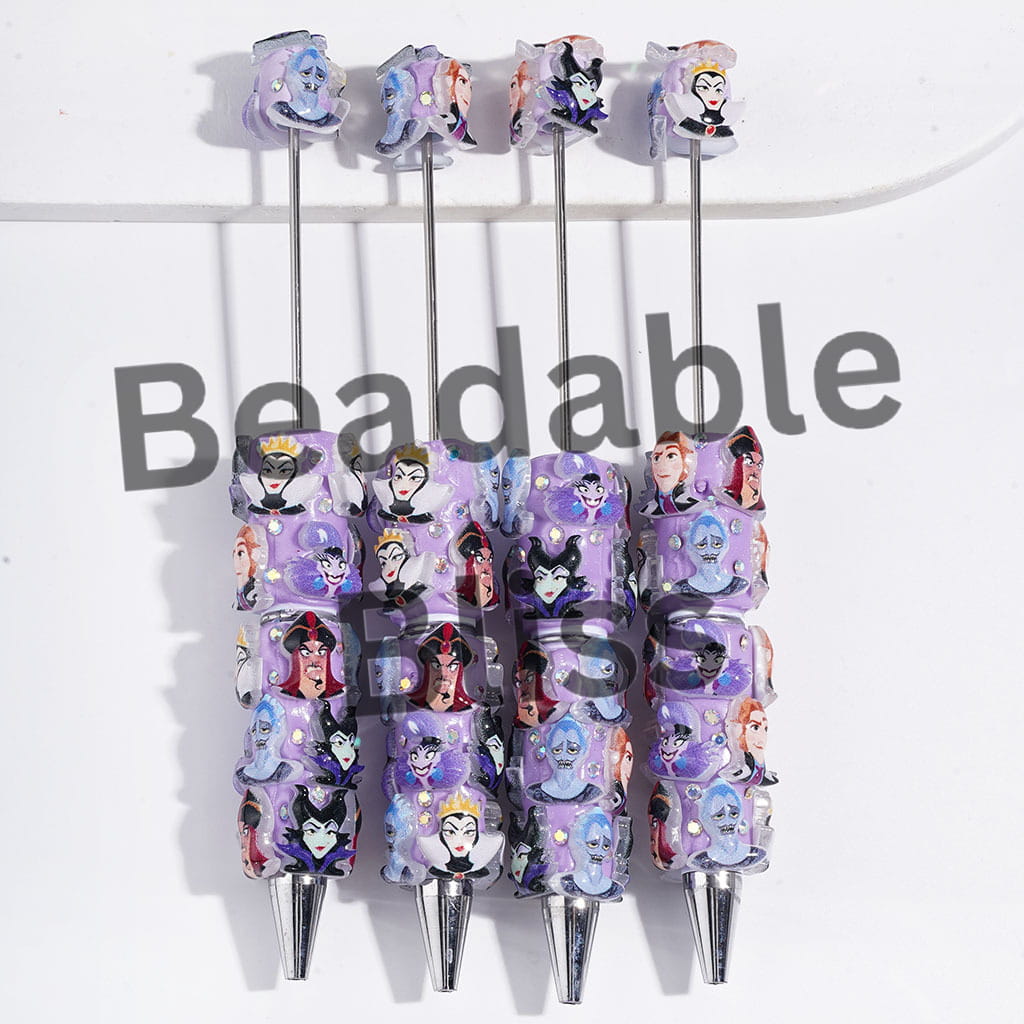 Beadable Clay Pens with Classic Animation Villain Character Theme and AB Rhinestones on Purple Background