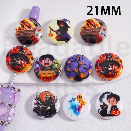 Round Flat Acrylic Beads Halloween Series Ghost Face Pumpkin Black Cat Wizard 21MM, Random Mix