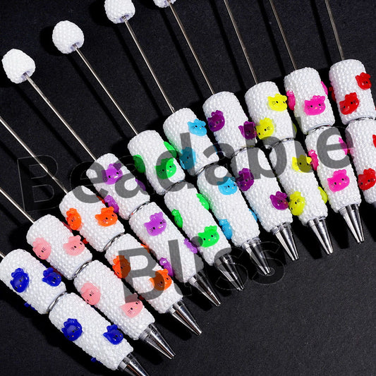 Beadable Clay Pen w Fluorescent Colors Cute Cat Character Face & Clear Rhinestones, Multi-Colors, Random Mix