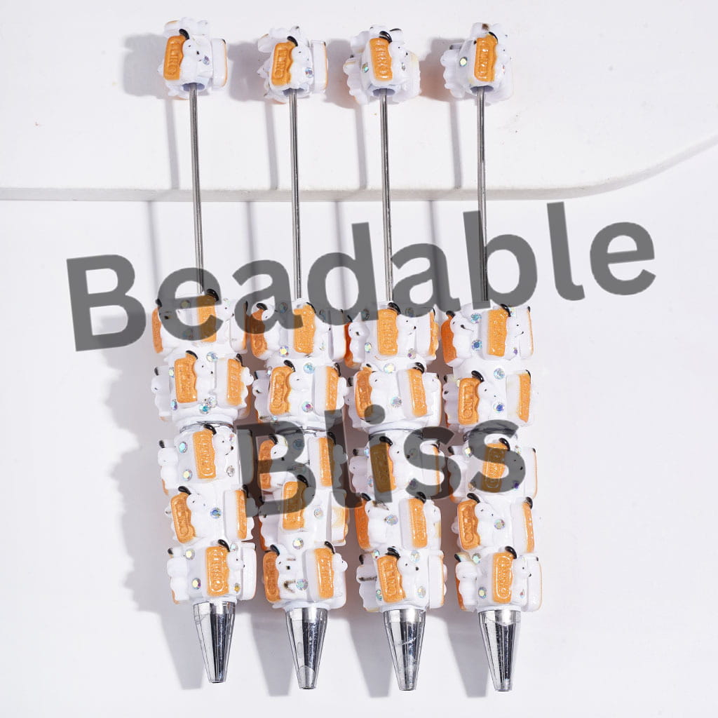 Beadable Clay Pens with Cute Dog Character Carrying Rectangular Cookie and AB Rhinestones