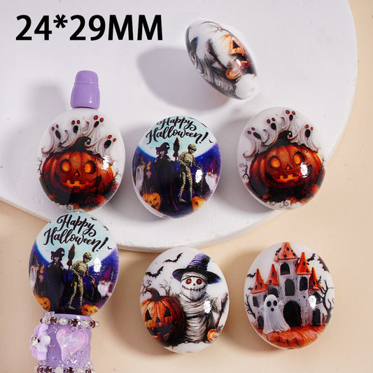 Oval Acrylic Beads Halloween Series Ghost Face Pumpkin Castle Bat 24*29MM, Random Mix
