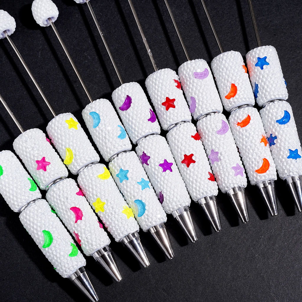 Neon Colors Moon Star and Clear Rhinestones Beadable Clay Pens, White Background, Random Mix