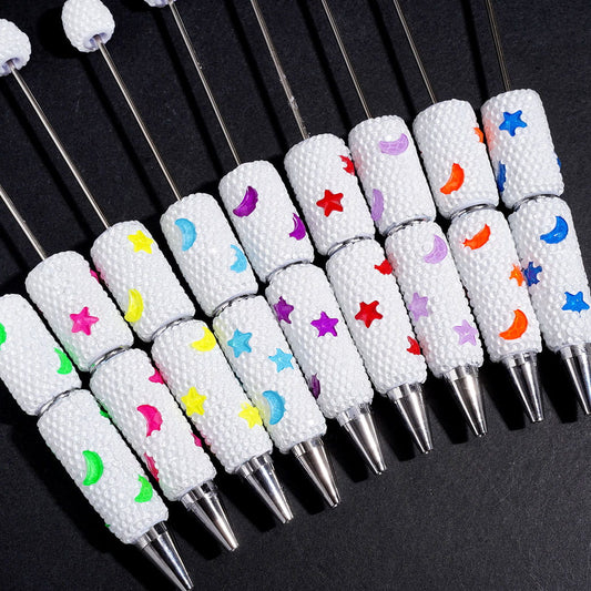 Neon Colors Moon Star and Clear Rhinestones Beadable Clay Pens, White Background, Random Mix