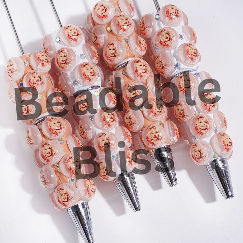 Beadable Clay Pens American Countryside Singer Characters Profile and AB Rhinestones, Light Orange and White Background