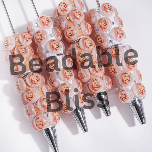 Beadable Clay Pens American Countryside Singer Characters Profile and AB Rhinestones, Light Orange and White Background