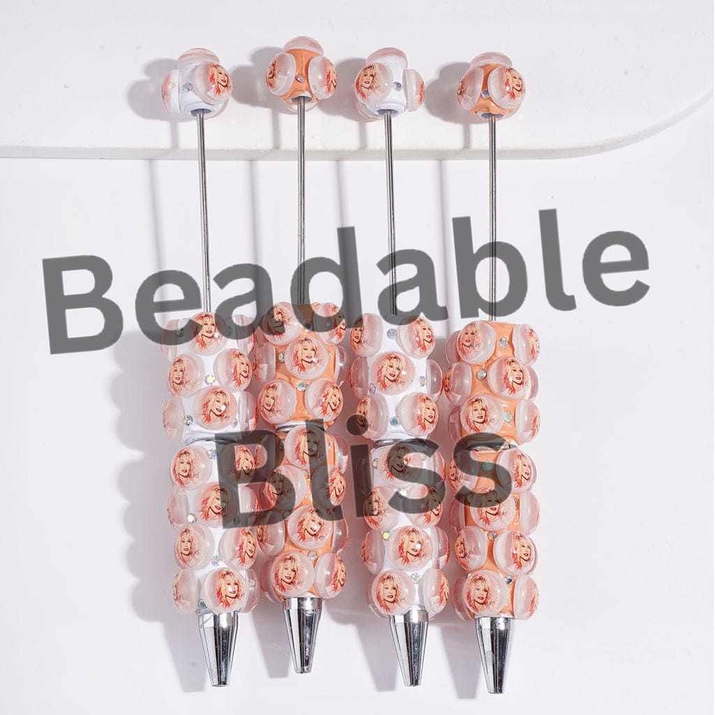 Beadable Clay Pens American Countryside Singer Characters Profile and AB Rhinestones, Light Orange and White Background