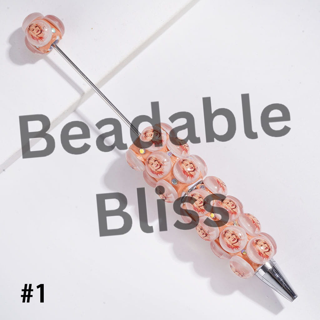 Beadable Clay Pens American Countryside Singer Characters Profile and AB Rhinestones, Light Orange and White Background