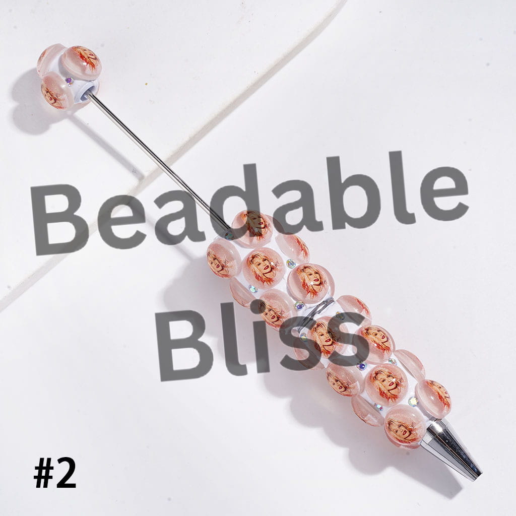 Beadable Clay Pens American Countryside Singer Characters Profile and AB Rhinestones, Light Orange and White Background