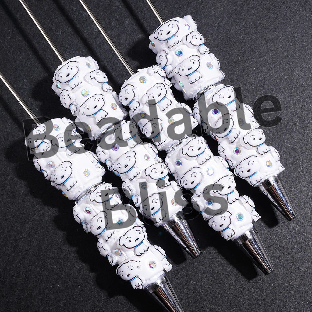 Beadable Clay Pens Japanese Anime White Dog Character with Blue Collar, AB Rhinestones