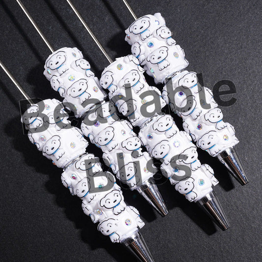 Beadable Clay Pens Japanese Anime White Dog Character with Blue Collar, AB Rhinestones