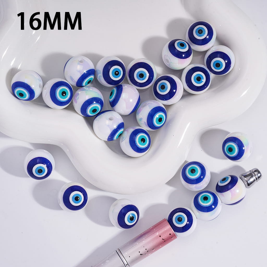 Acrylic Beads for Bracelets UV Coating Evil Eye in Teal and Blue, 16MM