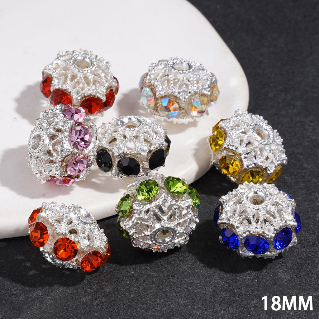 Silver Alloy Beads Hollowed Lantern with Cone-Shaped Rhinestones, Multi-Color