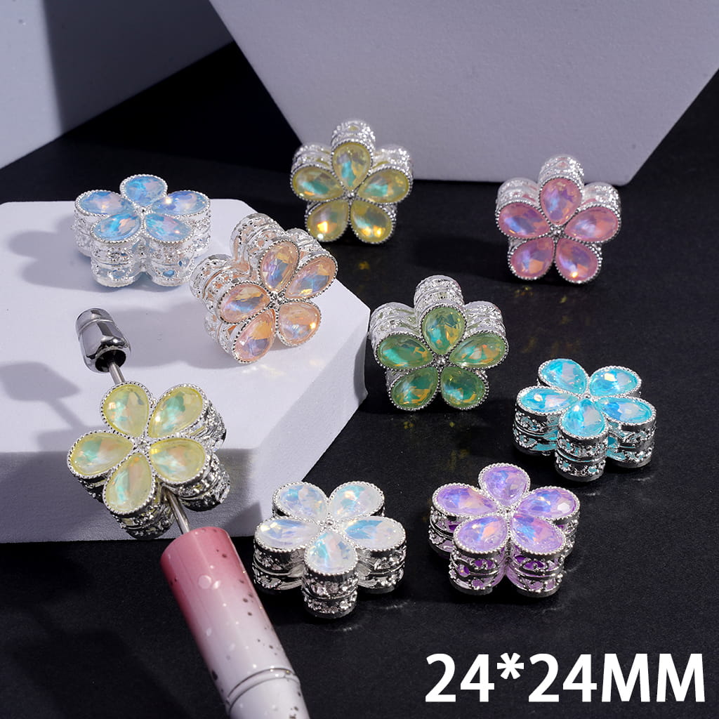 Exquisite Silver Alloy Flower with Shiny Water-Drop Shape Fancy Rhinestones, Multi-Color, 24*24MM