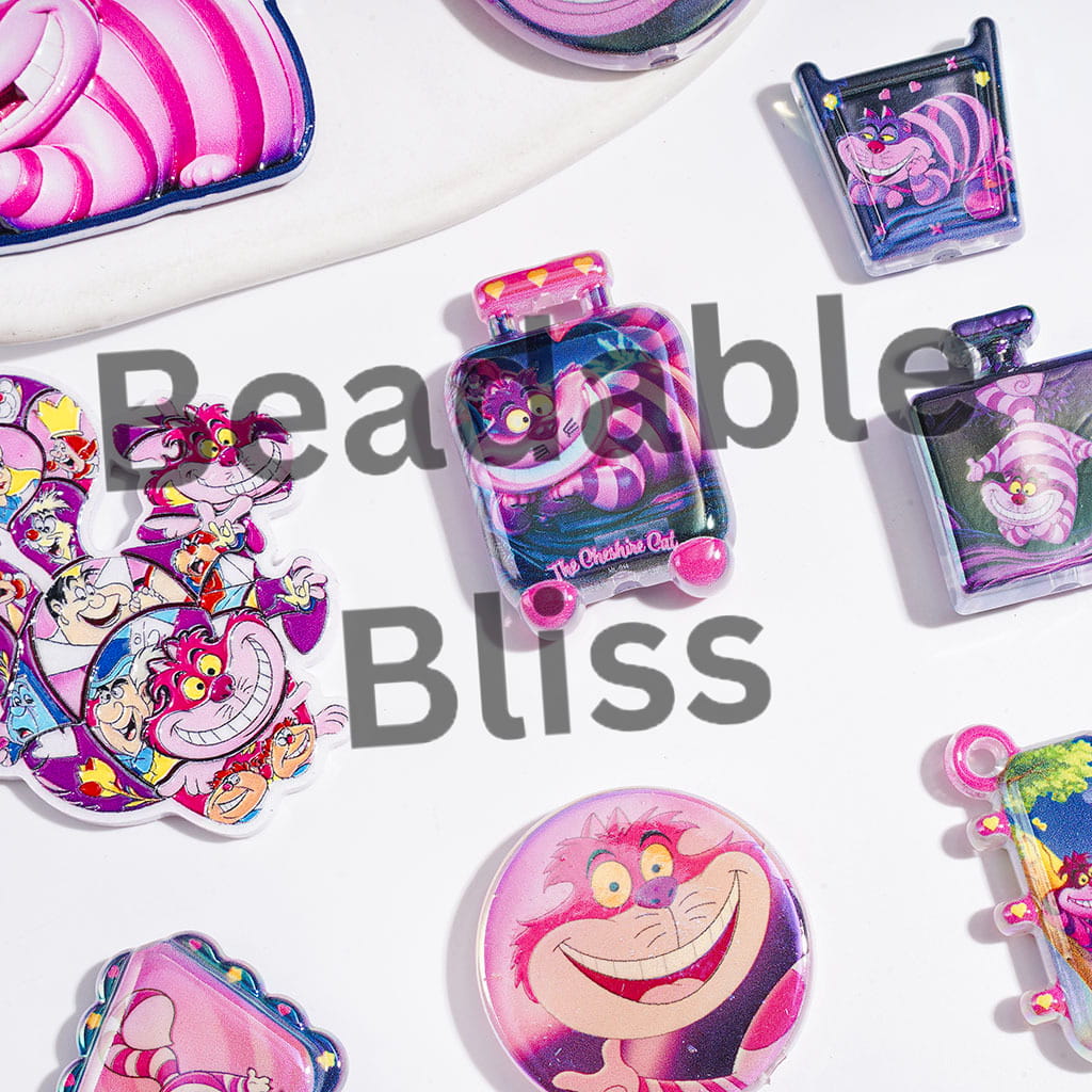 UV-Coated Acrylic Beads and Pendants with Pink and Purple Stripes Laughing Cat Character, Random Mix