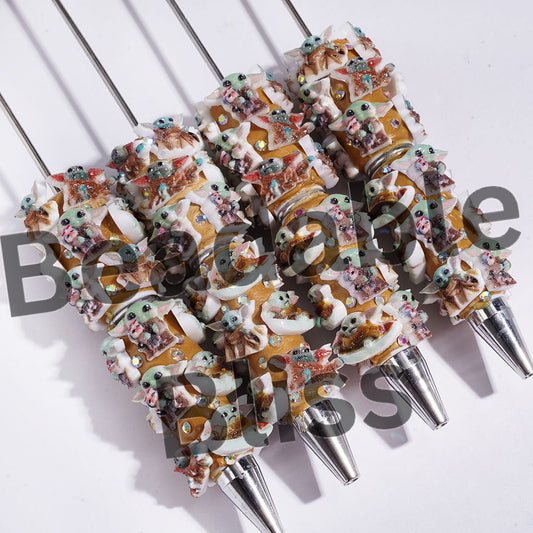 Beadable Clay Pens with Green Space Alien Character and AB Rhinestones