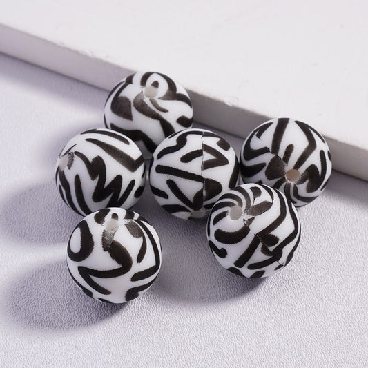 Printed Silicone Round Beads with Black Stripes, White, 15MM