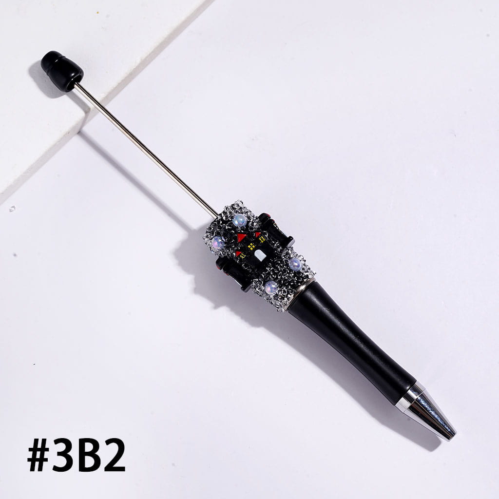 Hand-Made Sugar Beadable Pens with Skull Ghost Halloween Series, UV Coated White Pearl Black Cone Shaped Rhinestones