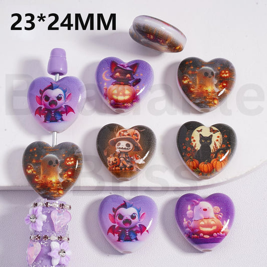 Flat Acrylic Beads Heart Shape Halloween Series Ghost Face Pumpkin Bat Black Cat 23*24MMm, Random Mix